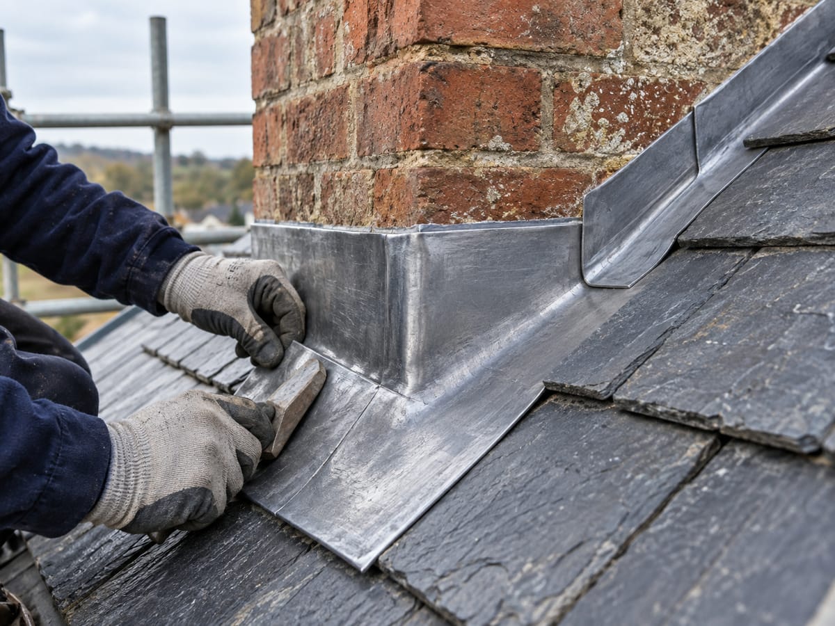 Close-up of gloved hands dressing new lead flashing around a brick chimney on a slate roof with a wooden setting-in tool