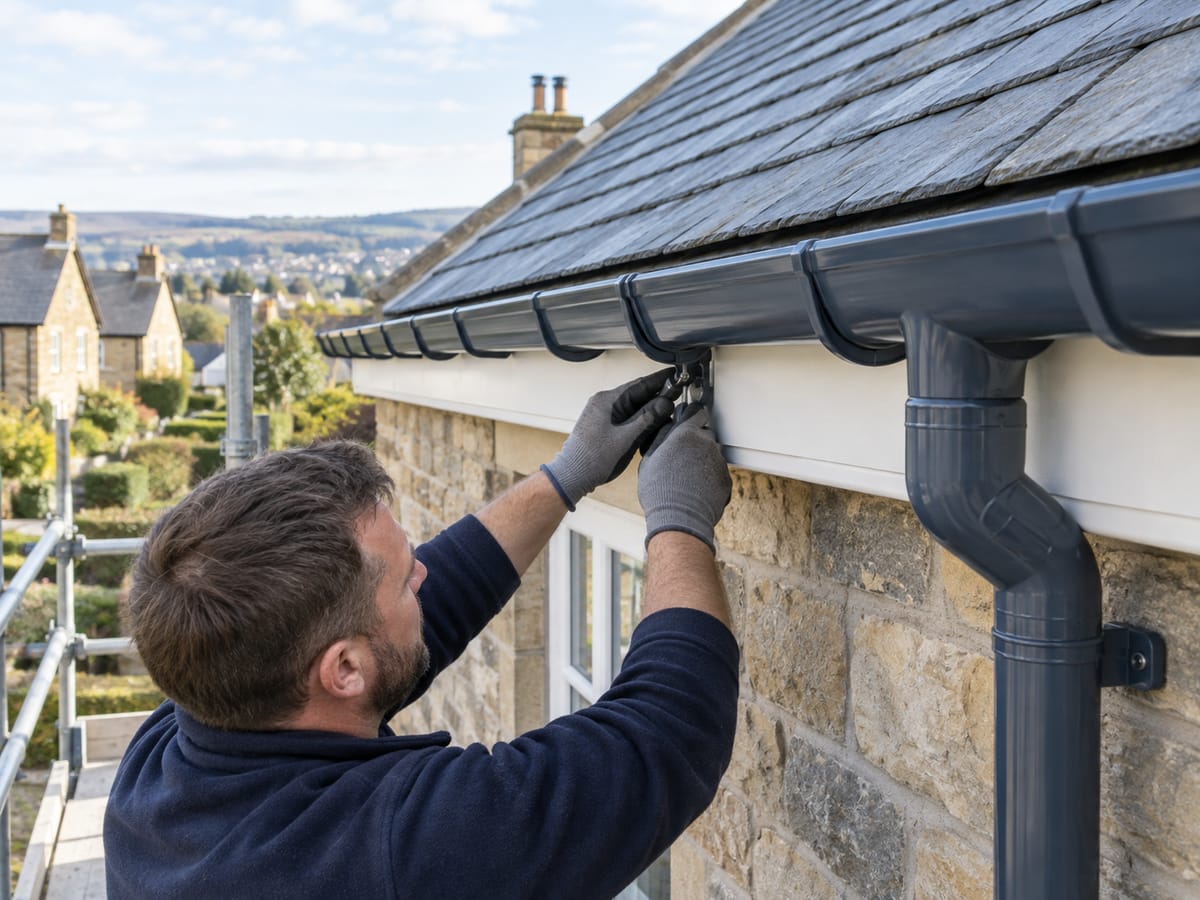 Roofer fixing a new anthracite gutter bracket to white fascia on a sandstone house, with the downpipe and slate roof edge in view