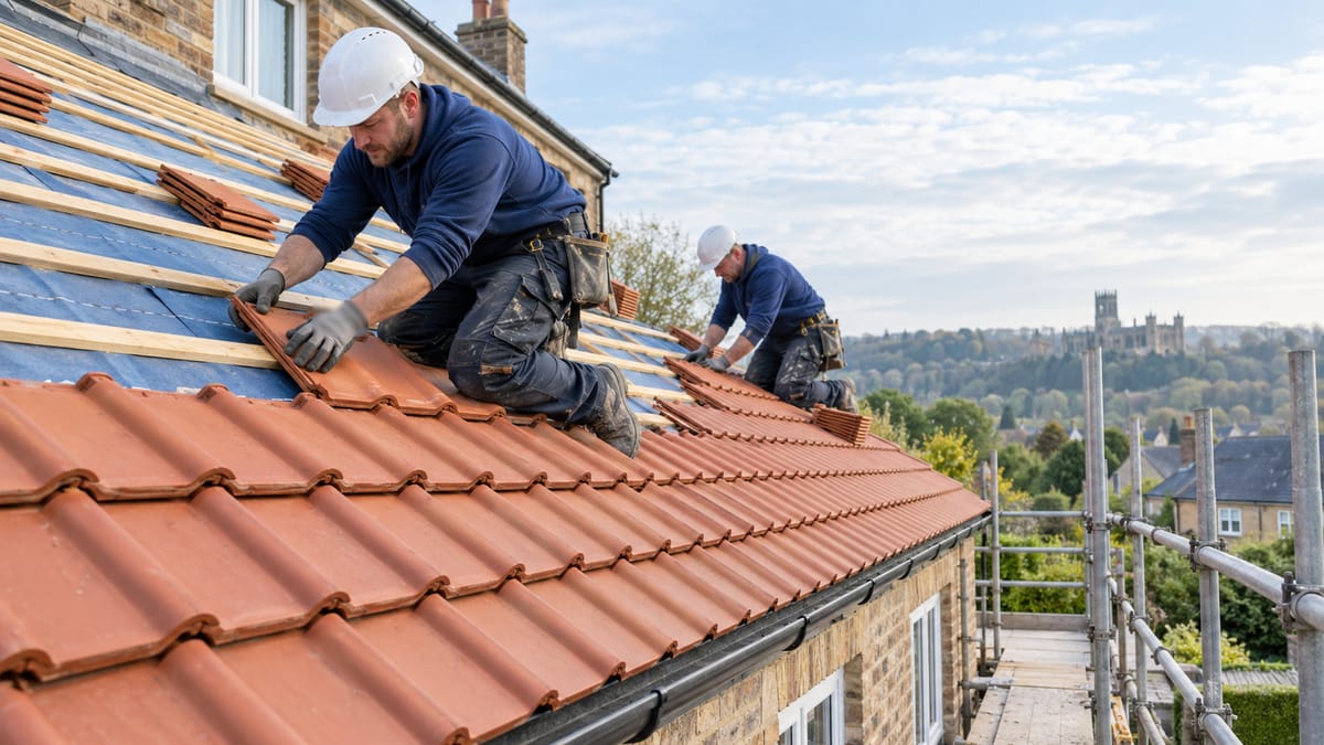 Two roofers laying new clay interlocking tiles over breathable membrane and battens, with a cathedral on the wooded skyline behind