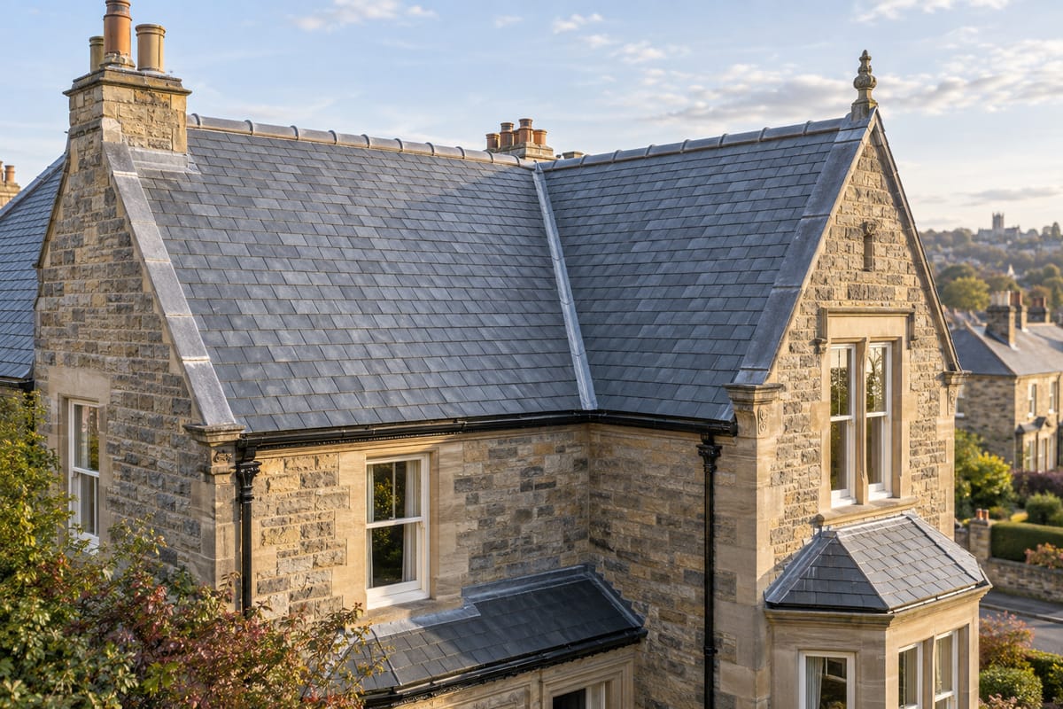 Newly restored natural slate roof on a Victorian sandstone villa with lead-dressed gables, clay chimney pots and a slate bay roof in low autumn sun