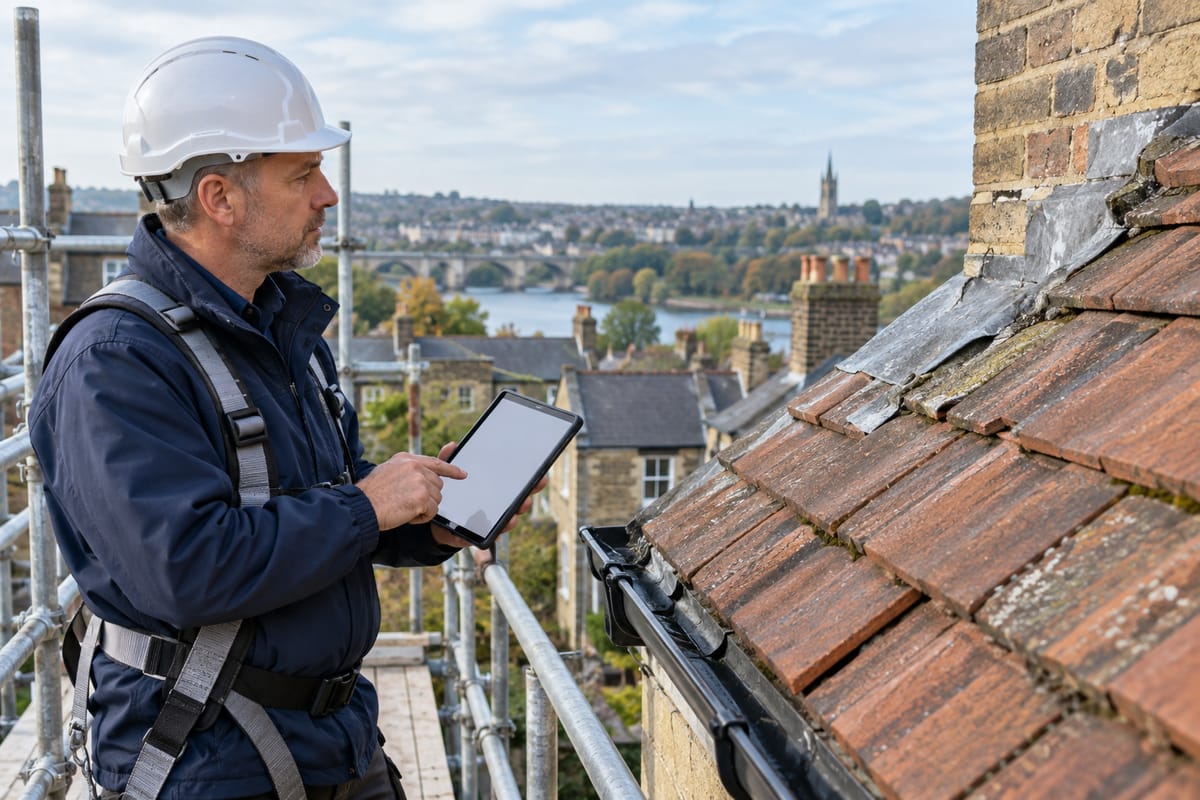 Roof surveyor in a white helmet and harness recording notes on a tablet while inspecting weathered clay tiles and a gutter from the scaffold, with a river and town beyond