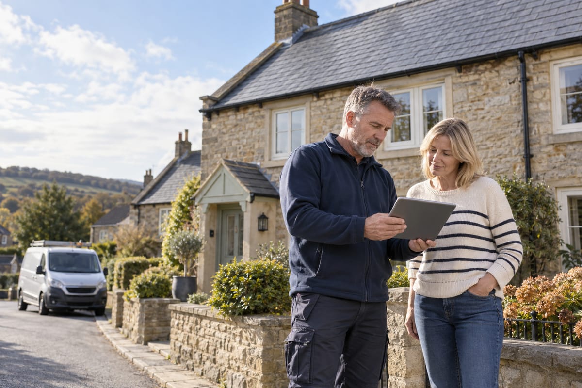 Roofer showing a homeowner photos on a tablet outside her stone cottage, with the van parked on the lane behind