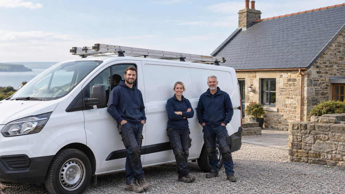 Three members of the roofing team in navy workwear leaning against a white van with a ladder rack, outside a slate-roofed stone cottage near the sea