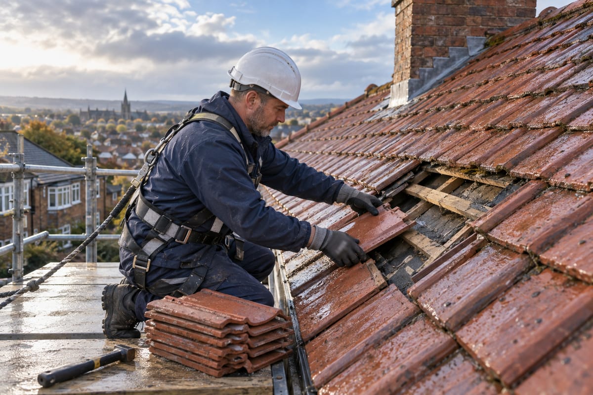 Roofer in a helmet and harness replacing storm-damaged clay tiles on a wet roof, with the battens exposed and a stack of replacement tiles on the scaffold
